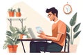 Flat illustration of a man working from home. Businessman sitting at desk and using laptop. Concept of time or project management Royalty Free Stock Photo