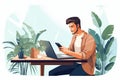 Flat illustration of a man working from home. Businessman sitting at desk and using laptop. Concept of time or project management Royalty Free Stock Photo