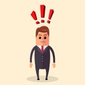 Flat illustration. Manager character or businessman having a question and lot of exclamation marks. is thinking about