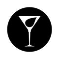 Flat illustration martini glass with silhouette drop wine. Isolated object in black circle. Abstract image of alcoholic beverage