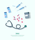 Flat illustration medical devices, medicine stethoscopes and bottle vaccines