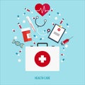 Flat illustration. Medical help. First aid. Online doctor. Heart care. Pharmacy, medicaments and vaccines. Healthcare.