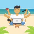 Flat illustration of meditating freelancer working on beach