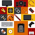 Flat illustration with multicolor electronic devices collection. Royalty Free Stock Photo