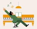 Flat illustration, musician playing the piano, notes, green and yellow trendy design. Print, poster for music concerts.