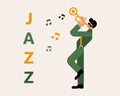 Flat illustration, musician with trumpet, notes and text Jazz, green and yellow trendy design. Print, poster for music concerts.