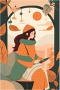 A flat illustration of nordic woman with dream cozy and calm with weathers in the background