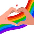 Flat illustration of a pair of human hands in a heart on a rainbow flag. Love of same sex people. Pride and freedom in feelings.