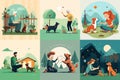 Flat illustration Woman and man, children, old people play with a dog. People of different ages play with a dog. Royalty Free Stock Photo