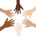 People with different skin colors putting their hands together. Unity concept. Royalty Free Stock Photo