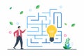 Flat illustration of person navigating maze with lightbulb guiding innovation and problem-solving strategy