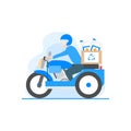 A flat illustration of a person riding motorized rickshaw while carrying recycle products