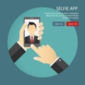 Flat illustration of photo applications. Selfie shot by office m