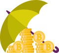 A flat illustration of a pile of bitcoins under an umbrella. Royalty Free Stock Photo