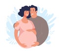 Flat illustration about pregnancy and partner birth. Young pregnant woman with husband. A man takes care and hugs his