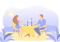 Flat illustration of romantic dinner. Couple of lovers sit at the table and clink glasses on the beach.