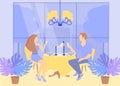 Flat illustration of romantic dinner. Couple of lovers sit at the table in restaurant and clink glasses.