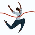 Flat illustration of a running african business woman tearing a finishing tape. Effort and victory. Achievements of goals.