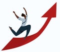 Flat illustration of a running african business woman on up arrow. Effort and victory. Achievements of goals. Champion at work. Royalty Free Stock Photo