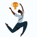 Flat illustration of a running african business woman with winner cup. Effort and victory. Achievements of goals. Champion at work