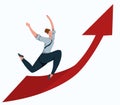 Flat illustration of a running business woman on up arrow. Effort and victory. Achievements of goals. Champion at work. Successful