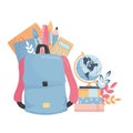 Flat illustration of a school backpack with school supplies and a stack of books with a backpack. School and education Royalty Free Stock Photo