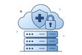 Flat illustration of secure medical cloud storage with shield, cross symbol, padlock and database servers Royalty Free Stock Photo