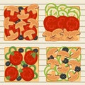 Flat illustration with set of 4 different vegetarian toast with tomato, pepper, mushrooms, onion, olive.