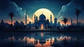 Flat illustration of Sheikh Zayed Grand Mosque at night, sunset