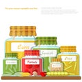 Flat illustration of shelf with glass jars of different canned vegetables