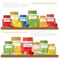 Flat illustration of shelf with glass jars of different fruit jam and canned vegetables