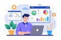 Flat illustration showcasing an admin dashboard design concept featuring a person working on a laptop with graphs and data Royalty Free Stock Photo