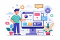 Flat illustration showcasing a user interface builder with a person interacting with a computer monitor displaying various design Royalty Free Stock Photo