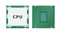 Flat illustration showing front and back views of a packaged CPU on a green circuit board used in computers servers and modern Royalty Free Stock Photo