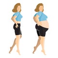 Flat illustration. Slender and fat girls near in profile isolated on white