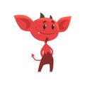 Flat illustration of smiling red devil standing with arms akimbo. Fictional monster character with horns, tail and big