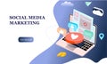 Flat illustration of social media marketing. Communication in social networks. Image of laptop with chat, likes, money. 3d isometr