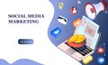 Flat illustration of social media marketing. Communication in social networks. Image of laptop with chat, likes, money. 3d isometr