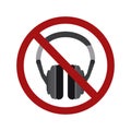 Flat illustration of a stereo headphone in a prohibition sign. Ban on the noise. Headphone forbidden in a public place. Vector
