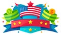 Flat illustration symbolizing business in the USA. The image shows flags, a dollar symbol and a ribbon for text