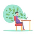 flat illustration of teenage boy working with laptop and making money. work from home. business concept vector illustration Royalty Free Stock Photo