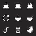 Preparation of soup, soup in a bowl. Set of icons. Black background Royalty Free Stock Photo