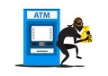 Flat illustration thief steals money from ATM, in black suit, robber in mask. Royalty Free Stock Photo