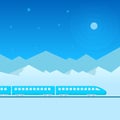 Flat illustration train on railway with outdoor landscape in night. Vector travel concept background. Royalty Free Stock Photo