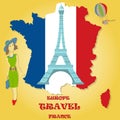 flat illustration travel to Europe France, symbols and attractions, girl with a bag in her hands looking at the map
