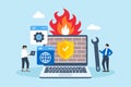 Flat illustration of two people configuring firewall settings network security and blocking unauthorized access