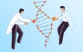 Flat Illustration of Two Scientist Man, Characters Doing Genetic DNA Gene treatment. Man repairing DNA Spiral for CRISPR