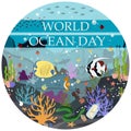 Flat illustration of the underwater world. Postcard-poster for the world ocean day on June 8. Protection of nature
