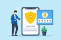Flat illustration of user activating two-factor authentication on smartphone with verification code input