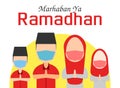 Flat illustration vector graphic of familly say welcome ramadhan wearing mask good for promotion welcomes Ramadan.